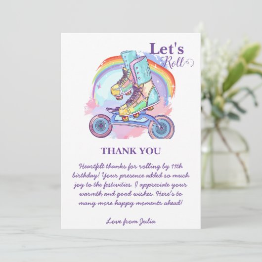 ガールズローラースケートで滑るパープル誕生日 サンキューカード (スタンド正面)