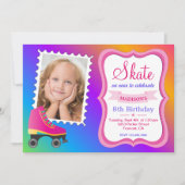 ガールズローラースケートで滑るピンクスケート誕生日パーティー 招待状 (正面)