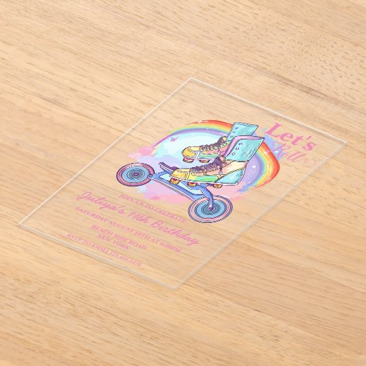 ガールズローラースケートで滑るピンクバースデーパーティー アクリル招待状 (レイダウン)