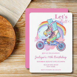 ガールズローラースケートで滑るピンクバースデーパーティー 招待状