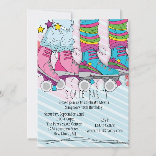 ガールズローラースケートで滑る誕生日パーティーの招待 招待状 (正面)