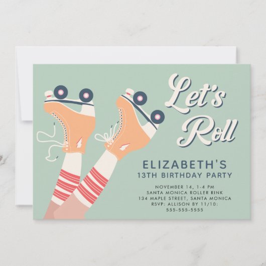 ガールズローラースケートで滑る誕生日パーティー 招待状 (正面)