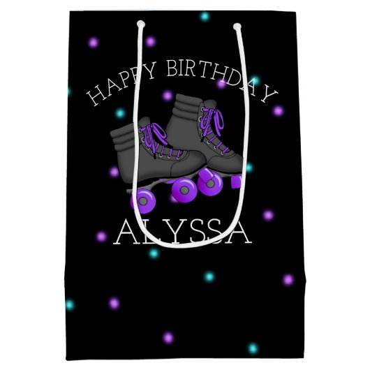 ガールズローラースケート誕生日パーティーパーソナライズされた ミディアムペーパーバッグ (裏面)
