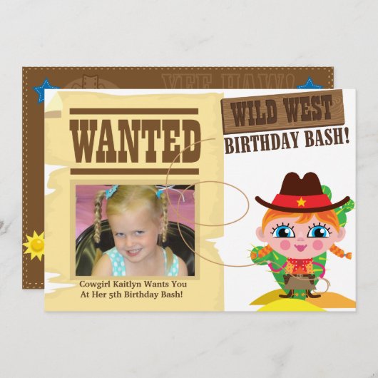 ガールズワイルドウエストウェスタン女性のカーボーイ誕生日招待状 招待状 (正面/裏面)