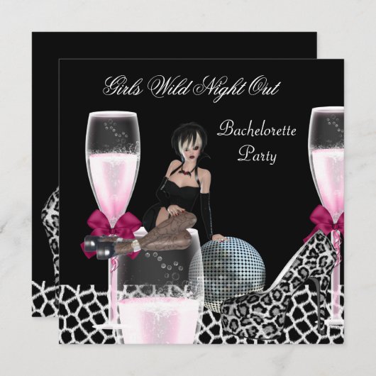 ガールズワイルドナイトアウトピンクシューズシャンパン 招待状 (正面/裏面)