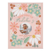 ガールズワイルドフラワーデイジーフォト誕生日ウェルカムサイン ポスター (正面)