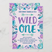 ガールズワイルドワンウォーターカラーボホ1歳の誕生日パーティー 招待状 (正面/裏面)