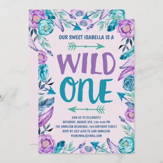 ガールズワイルドワンウォーターカラーボホ1歳の誕生日パーティー 招待状 (正面/裏面)