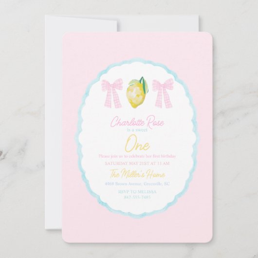 ガールズ名門私立校風のサマーレモンファースト誕生日 招待状 (正面)