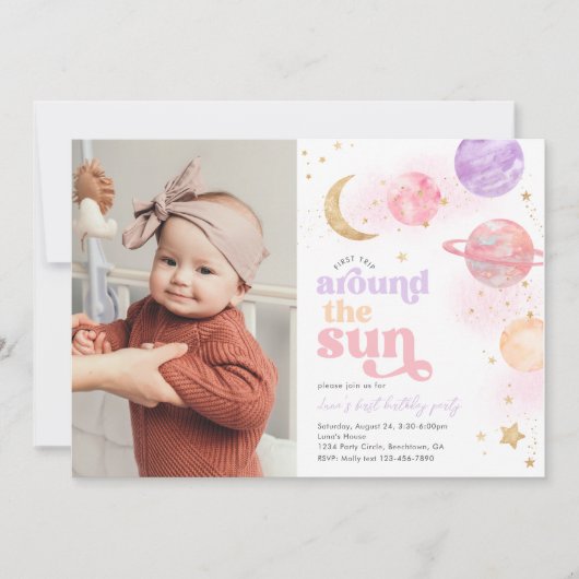 ガールズ宇宙ファースト誕生日招待状 招待状 (正面)