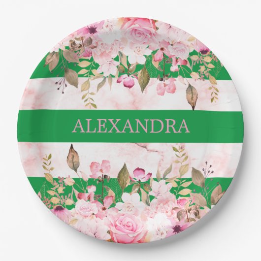 ガールズ宗教的お祝いグリーンピンクストライプ ペーパープレート (正面)