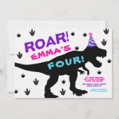 ガールズ恐竜パーティーハット誕生日招待状 招待状 (正面)