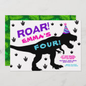 ガールズ恐竜パーティーハット誕生日招待状 招待状 (正面/裏面)