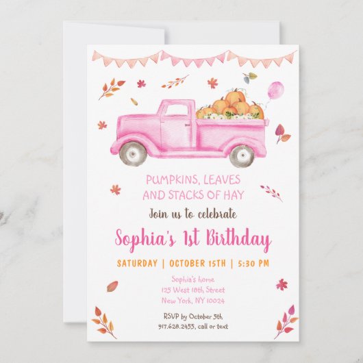 ガールズ秋パンプキントラック誕生日招待状 招待状 (正面)