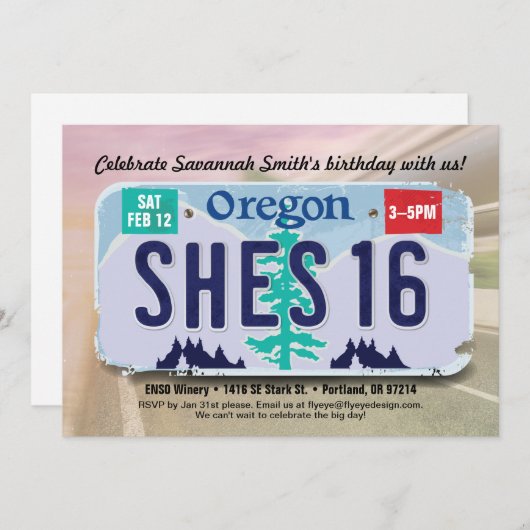 ガールズ第16誕生日オレゴン免許招待状 招待状 (正面/裏面)