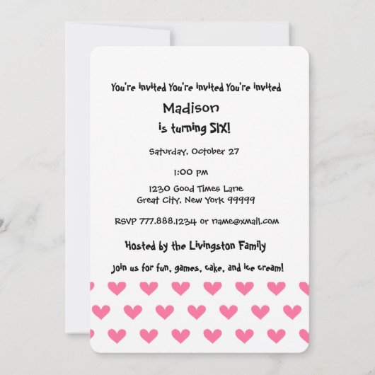 ガールズ第6誕生日名前をカスタムするモダンW06ハート 招待状 (裏面)