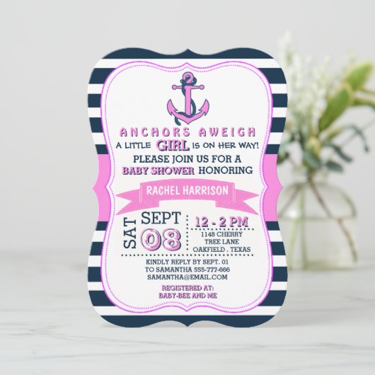 ガールズ航海のいかりベビーシャワー招待状 招待状 (スタンド正面)