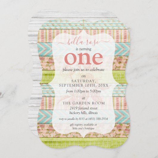 ガールズ誕生日シャビーバラコテージ素朴ウッド 招待状 (正面/裏面)