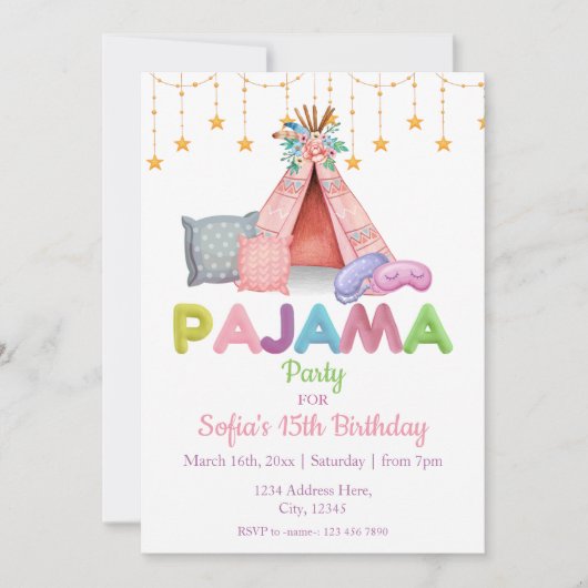 ガールズ誕生日パジャマパーティの招待状 招待状 (正面)