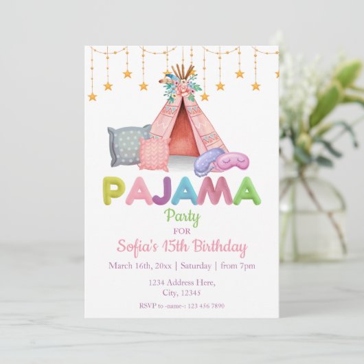 ガールズ誕生日パジャマパーティの招待状 招待状 (スタンド正面)