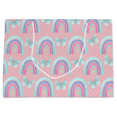 ガールズ誕生日レインボウズ蝶と水玉模様 ラージペーパーバッグ (正面)