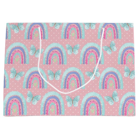 ガールズ誕生日レインボウズ蝶と水玉模様 ラージペーパーバッグ (正面)