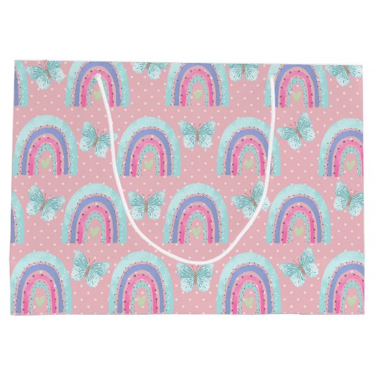 ガールズ誕生日レインボウズ蝶と水玉模様 ラージペーパーバッグ (裏面)