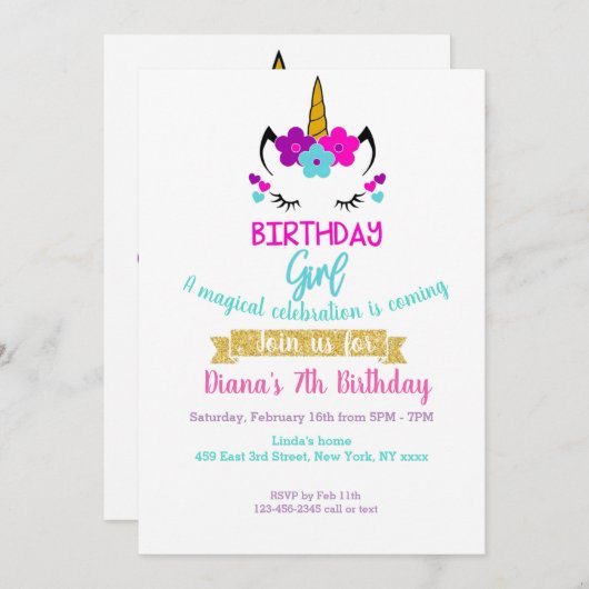 ガールズ誕生日招待状ユニコーンテーマ 招待状 (正面/裏面)