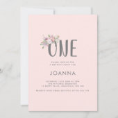 ガールズ赤面ピンク型とフローラ1st誕生日 招待状 (正面)