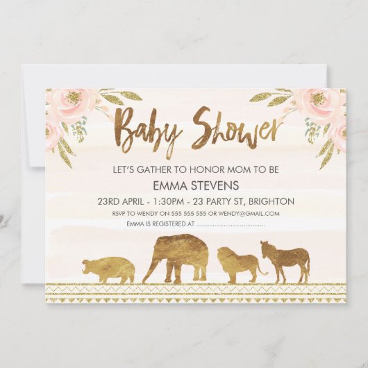 ガールズ金ゴールドサファリアニマルズベビーシャワー招待状 招待状 (正面)