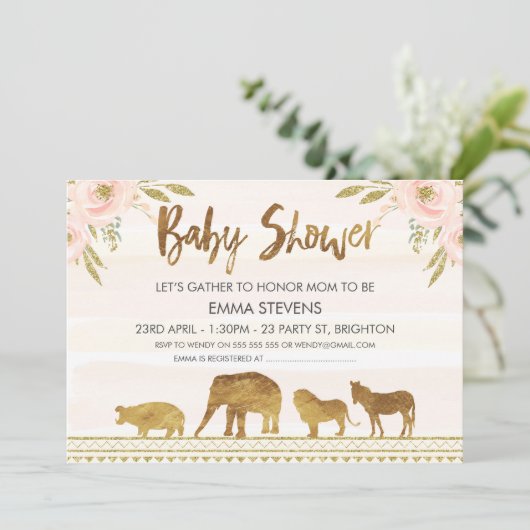 ガールズ金ゴールドサファリアニマルズベビーシャワー招待状 招待状 (スタンド正面)