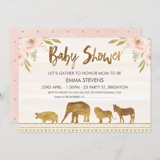 ガールズ金ゴールドサファリアニマルズベビーシャワー招待状 招待状 (正面/裏面)