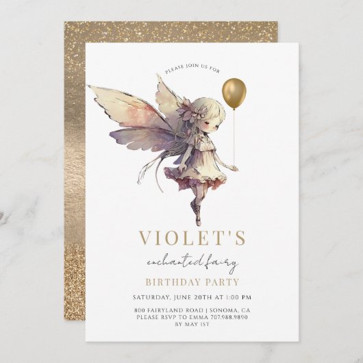 ガールズ金ゴールドフェアリー誕生日パーティー 招待状 (正面/裏面)