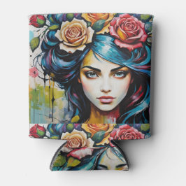 ガールズ顔とバラ水彩スタイル 缶クーラー