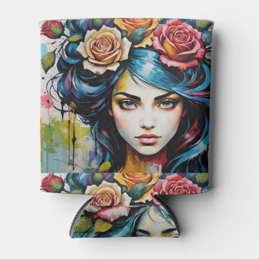 ガールズ顔とバラ水彩スタイル 缶クーラー (正面)