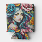 ガールズ顔とバラ水彩スタイル 缶クーラー (裏面)