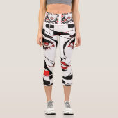 ガールズ顔パターン白、黒と赤のレギンス カプリレギンス (正面)