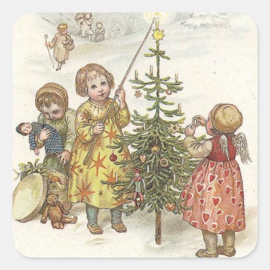 ガールズ飾クリスマスツリーヴィンテージ スクエアシール (正面)