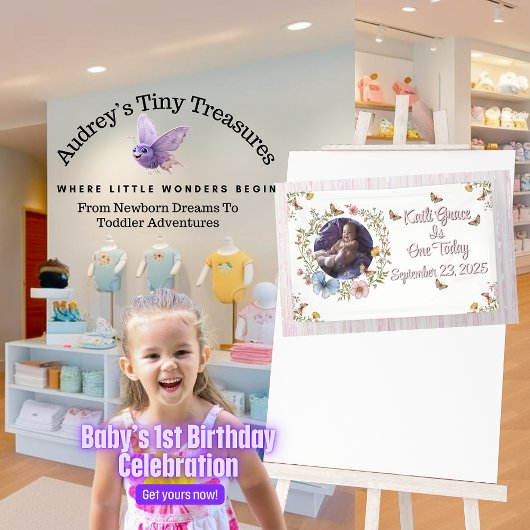 ガールズ1歳の誕生日春バタフライバナー 横断幕