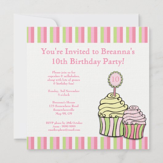 ガールズ10th誕生日カッケーキストライプのパーティー招待状 招待状 (裏面)