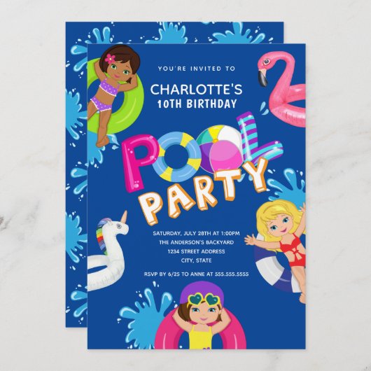 ガールズ10th誕生日プールパーティー 招待状 (正面/裏面)