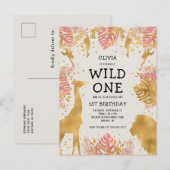 ガールズ1stバースデーパーティーピンクベージュ色サファリ インビテーションポストカード (正面/裏面)