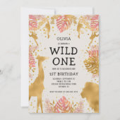 ガールズ1stバースデーピンクベージュ色サファリ 招待状 (正面)