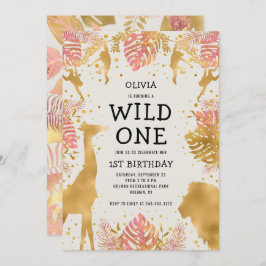 ガールズ1stバースデーピンクベージュ色サファリ 招待状