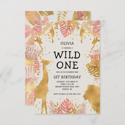 ガールズ1stバースデーピンクベージュ色サファリ 招待状 (正面/裏面)