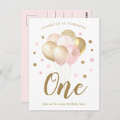 ガールズ1stバースデーピンク金ゴールドグリッター招待状 ポストカード (正面/裏面)