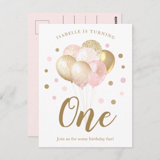ガールズ1stバースデーピンク金ゴールドグリッター招待状 ポストカード (正面/裏面)