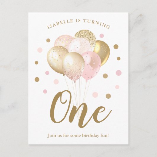 ガールズ1stバースデーピンク金ゴールドグリッター招待状 ポストカード (正面)