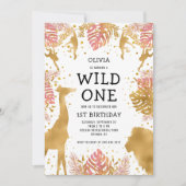 ガールズ1stバースデーピンク金ゴールドサファリ 招待状 (正面)