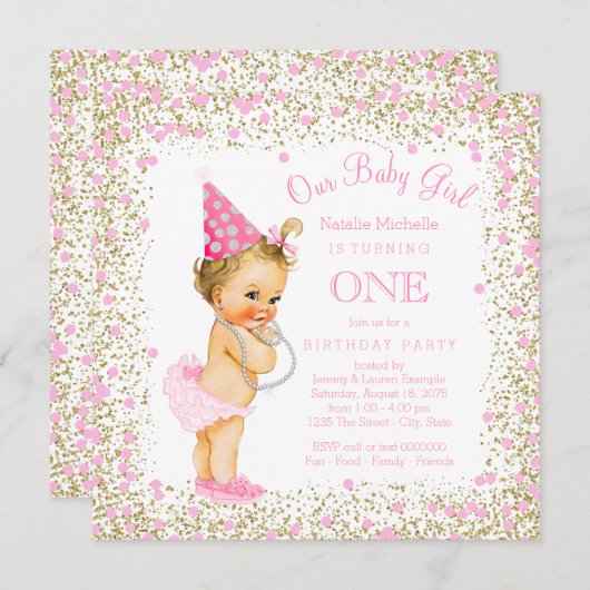 ガールズ1st誕生日パーティーピンク金ゴールドグリッター 招待状 (正面/裏面)
